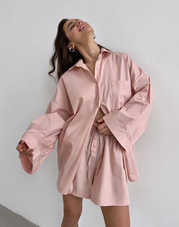 Комплект піжамний з попліну сорочка з широким рукавом та шорти, світло-рожеві - Фото 7