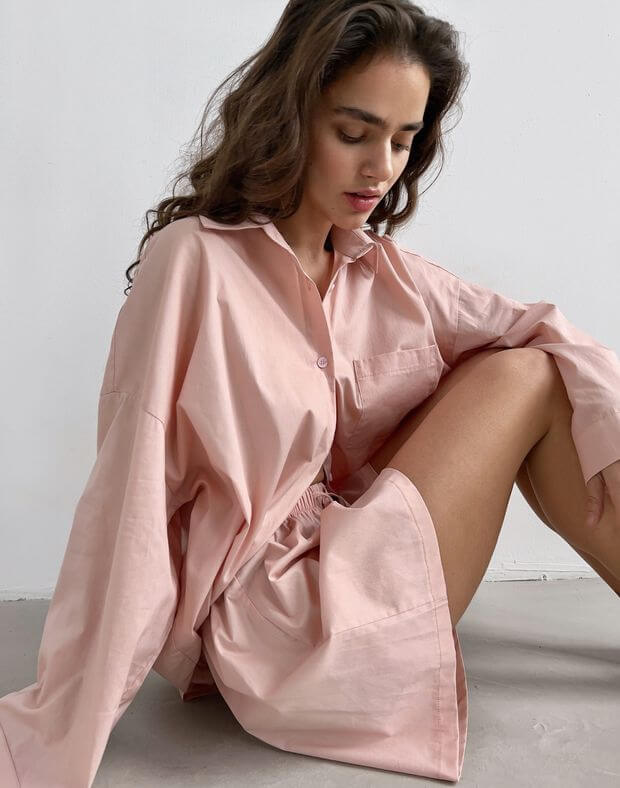Комплект піжамний з попліну сорочка з широким рукавом та шорти, світло-рожеві - Фото 8