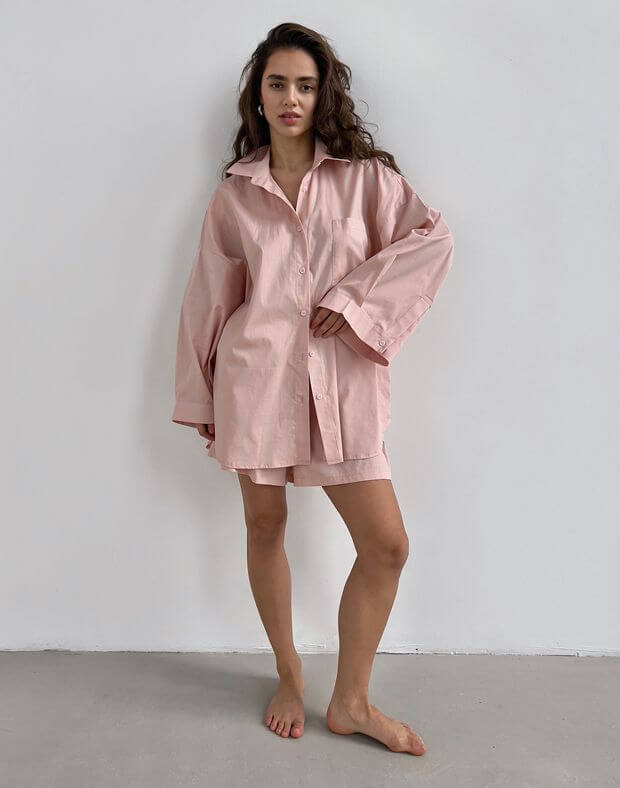Комплект піжамний з попліну сорочка з широким рукавом та шорти, світло-рожеві - Фото 3