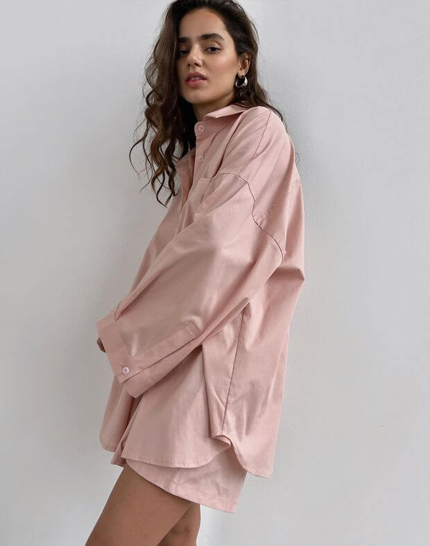 Комплект піжамний з попліну сорочка з широким рукавом та шорти, світло-рожеві - Фото 5