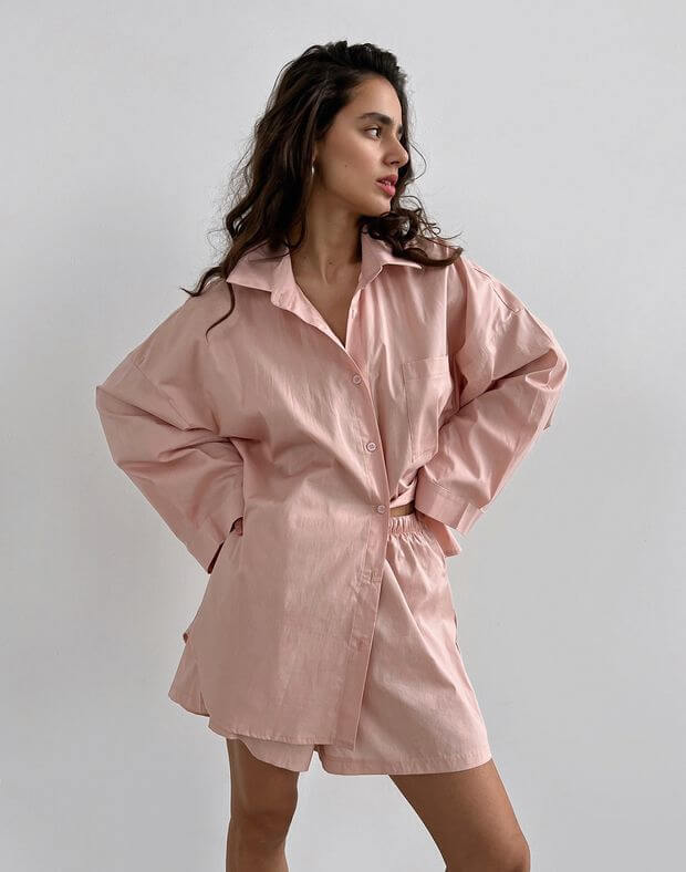 Комплект піжамний з попліну сорочка з широким рукавом та шорти, світло-рожеві - Фото 6