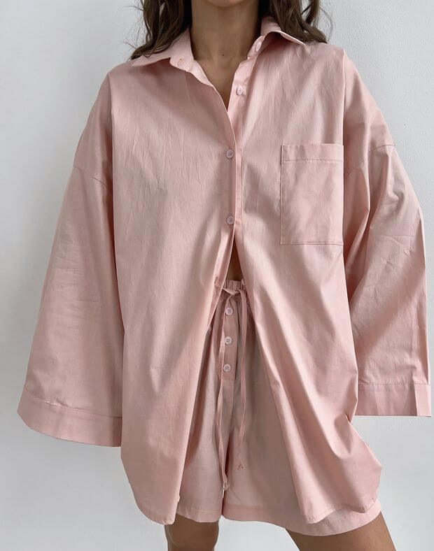 Сорочка піжамна з попліну з широким рукавом, cвітло-рожева - Фото 1