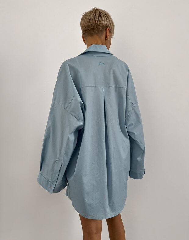 Комплект піжамний з попліну сорочка з широким рукавом та шорти, блакитні - Фото 2