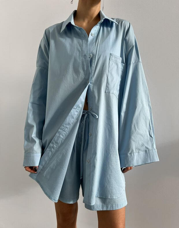 Сорочка піжамна з попліну з широким рукавом, блакитна - Фото 1