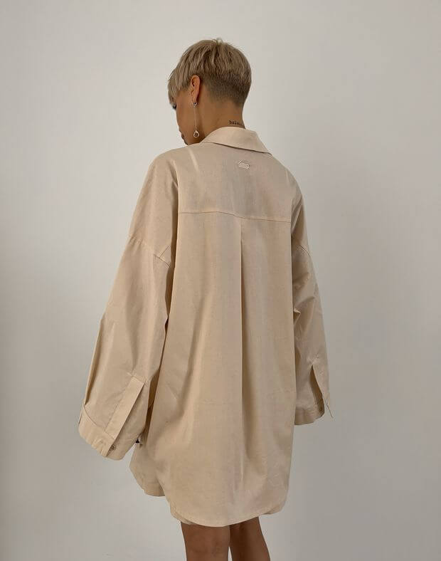 Комплект піжамний з попліну сорочка з широким рукавом та шорти, світло-бежеві - Фото 2