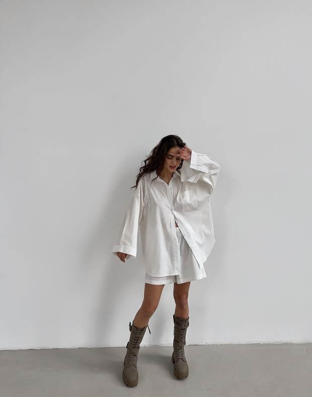 Сорочка піжамна з попліну з широким рукавом, молочна - Фото 3