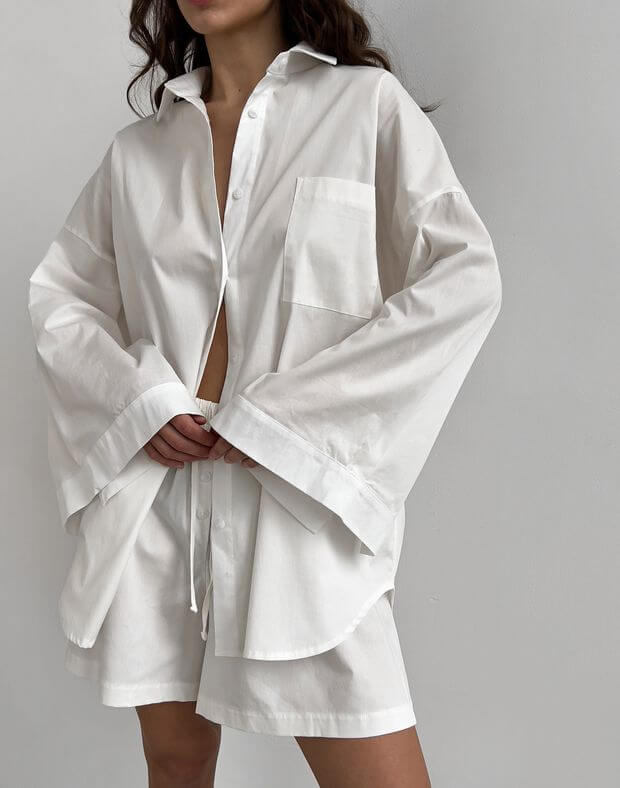 Komplet piżamowy popelinowej z koszuli z szerokimi rękawami i spodenkami, mleczny - Фото 8