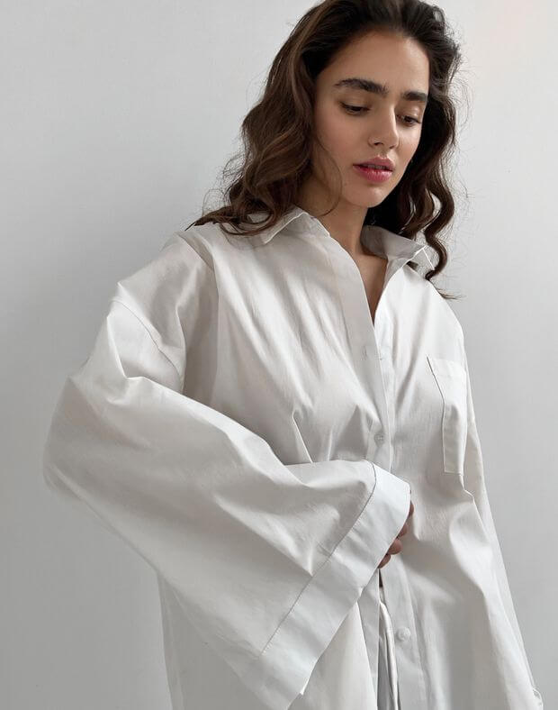 Сорочка піжамна з попліну з широким рукавом, молочна - Фото 5