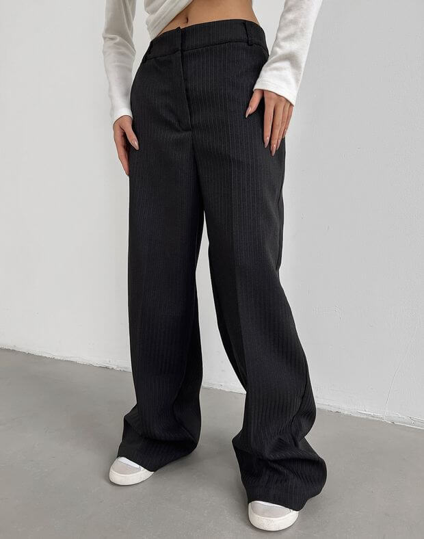 Spodnie oversize w paski i przerywana linia, czarny - Фото 3