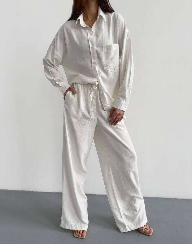 Комплект сорочка оверсайз подовжена та штани білизняного стилю, молочні - Фото 1