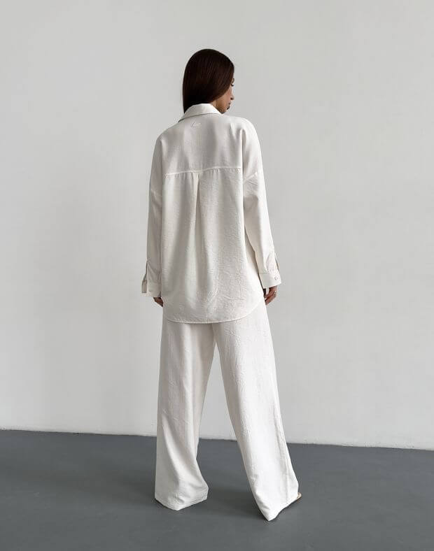 Комплект сорочка оверсайз подовжена та штани білизняного стилю, молочні - Фото 2