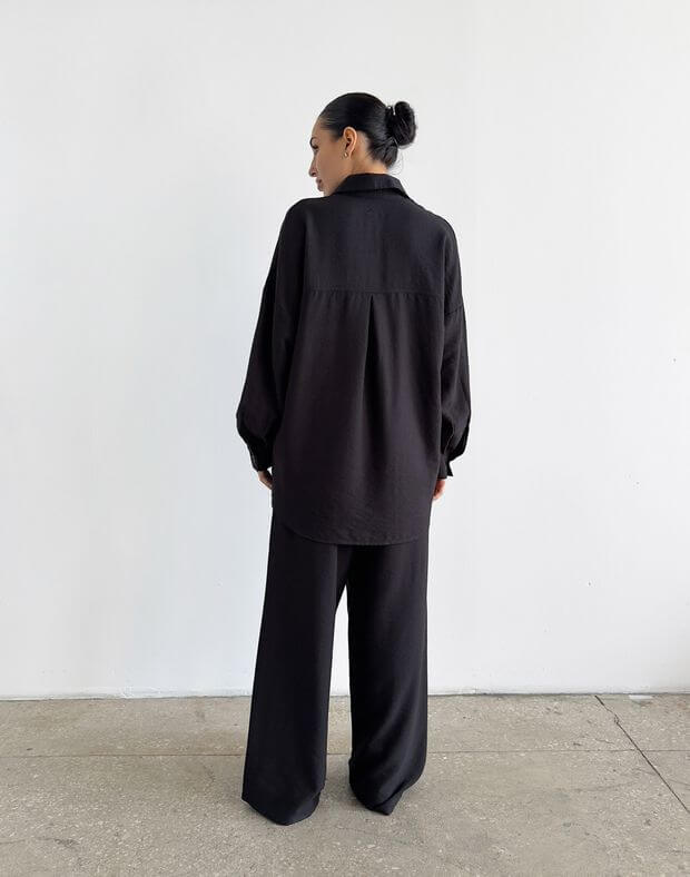 Комплект сорочка оверсайз подовжена та штани білизняного стилю, чорні - Фото 2