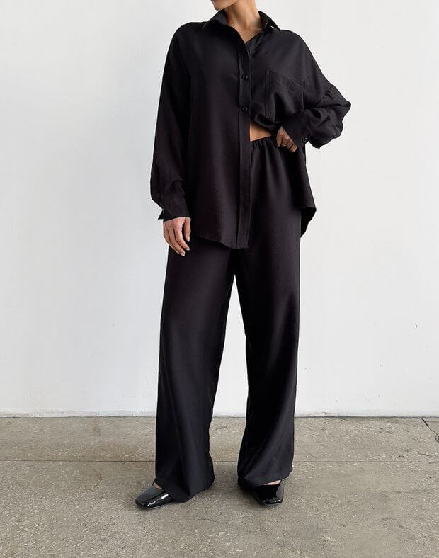 Комплект сорочка оверсайз подовжена та штани білизняного стилю, чорні - Фото 1