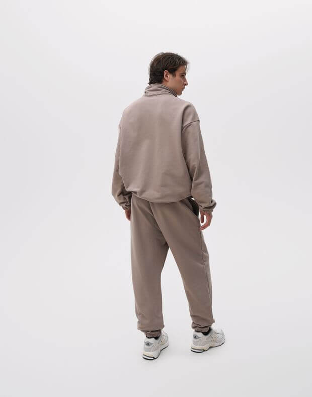 Komplet męska wiosenna bluza z metalowym krótkim zamkiem i joggery o basic fit, ciemny beż - Фото 2