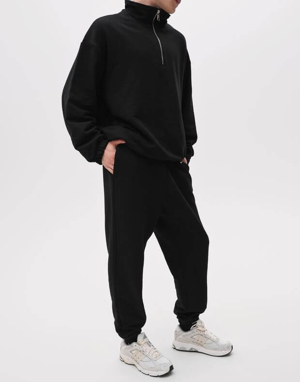 Komplet męska wiosenna bluza z metalowym krótkim zamkiem i joggery o basic fit, czarny - Фото 1