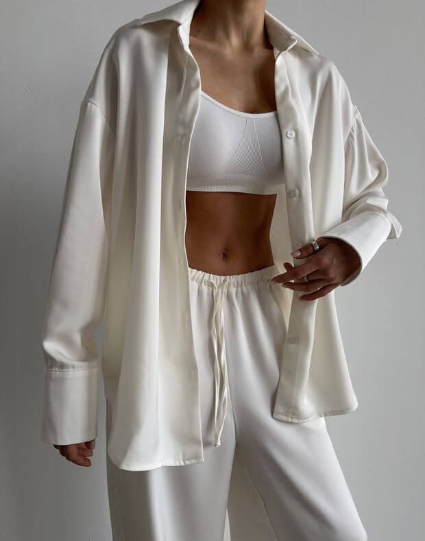 Комплект сатиновий сорочка базова оверсайз та штани піжамного стилю, молочні - Фото 5