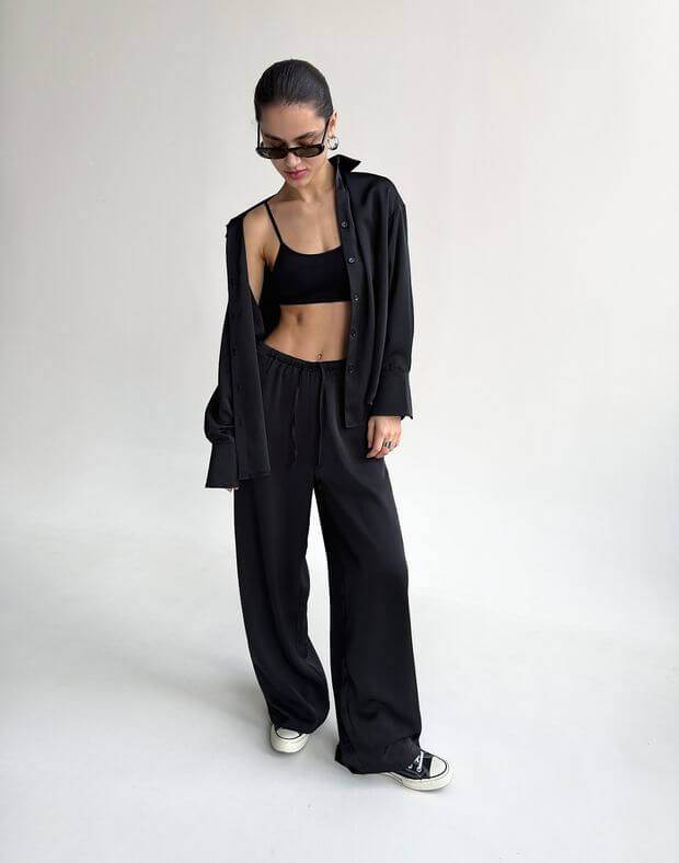 Комплект сатиновий сорочка базова оверсайз та штани піжамного стилю, чорні - Фото 7