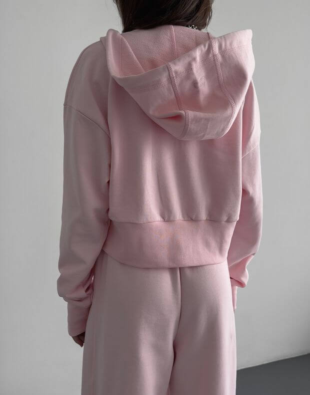 Кофта на блискавці вкорочена з капюшоном та кишенею літня, світло-рожева - Фото 2