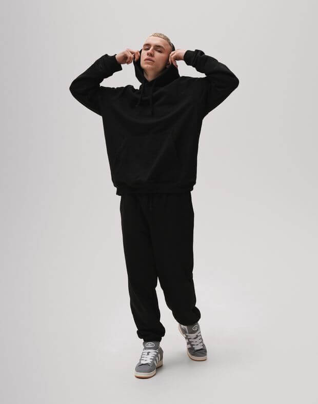 Komplet męskiej wiosennej bluzy z kapturem oversize oraz joggery oversize, czarny - Фото 1
