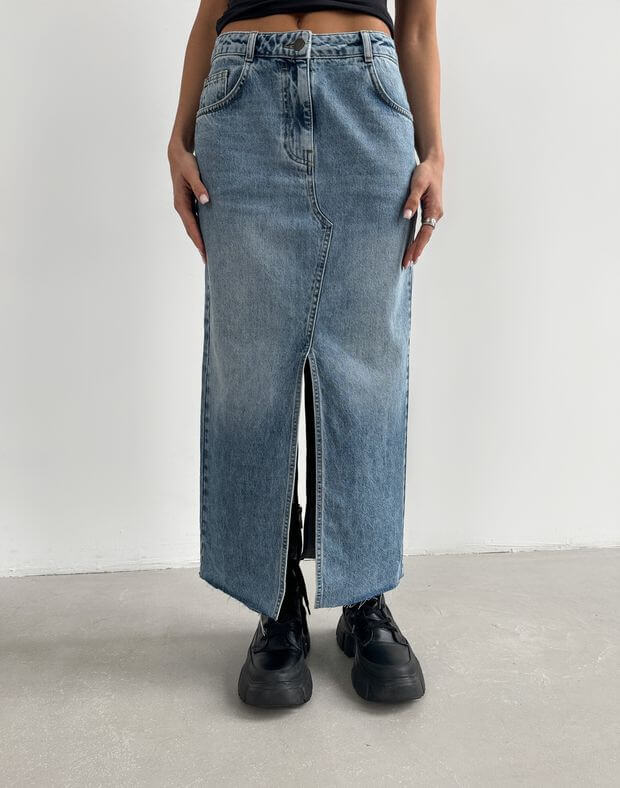 Spódnica maxi z rozcięciem dżinsem, błękitny - Фото 1