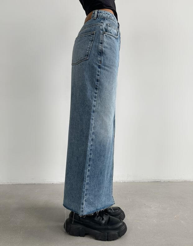 Спідниця максі з розрізом джинсова, блакитна - Фото 8