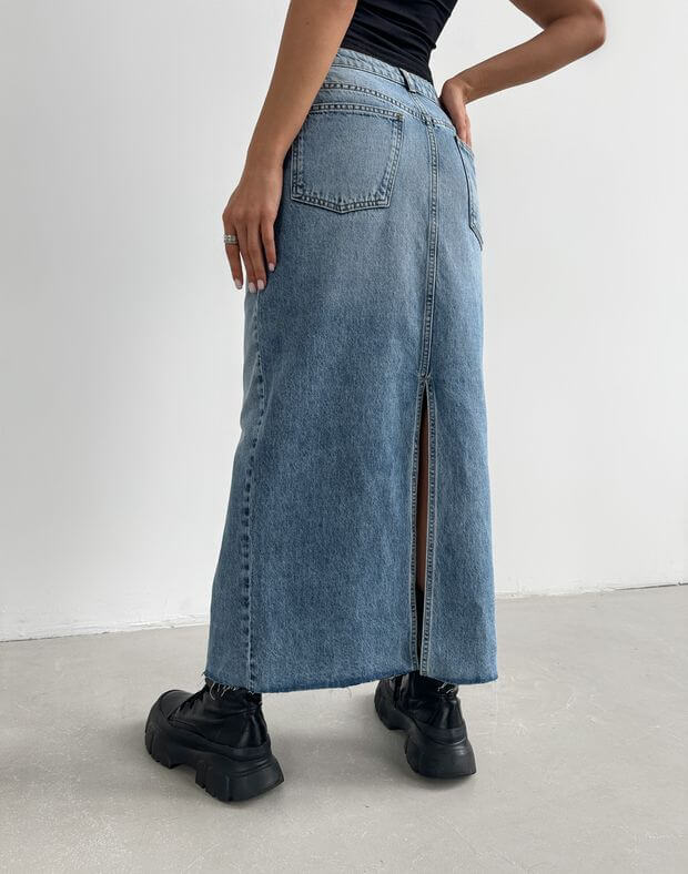 Spódnica maxi z rozcięciem dżinsem, błękitny - Фото 2