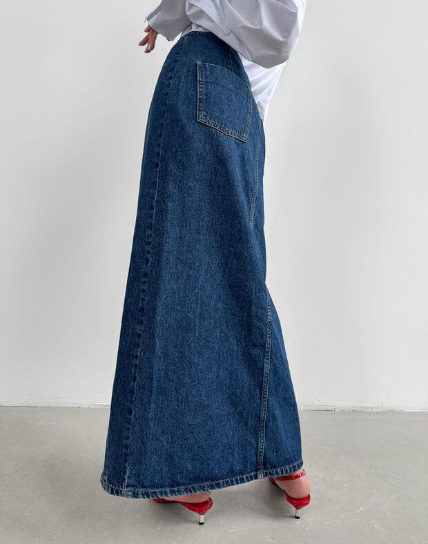 Спідниця максі з ґудзиками джинсова, темно-синя - Фото 2