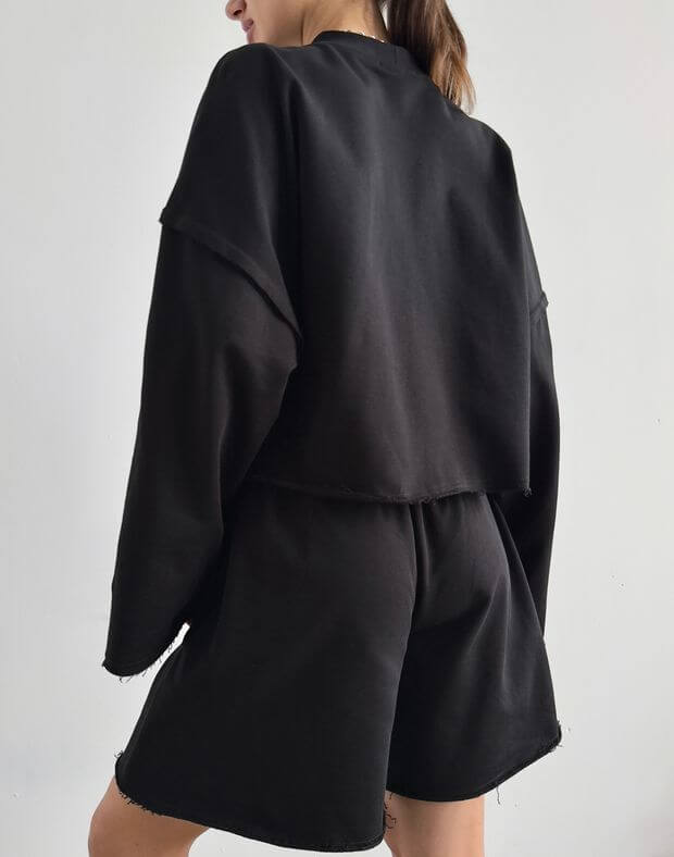 Krótka bluza oversize z niewykończonym brzegiem, czarny - Фото 2