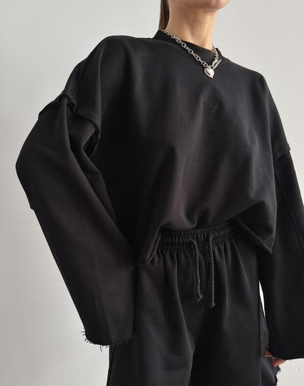 Krótka bluza oversize z niewykończonym brzegiem, czarny - Фото 1