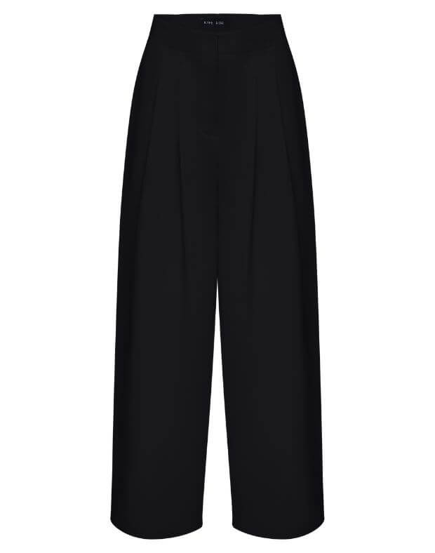 Spodnie basic o wysokim kroju, z fałdami i prosty pasek, czarny - Фото 6