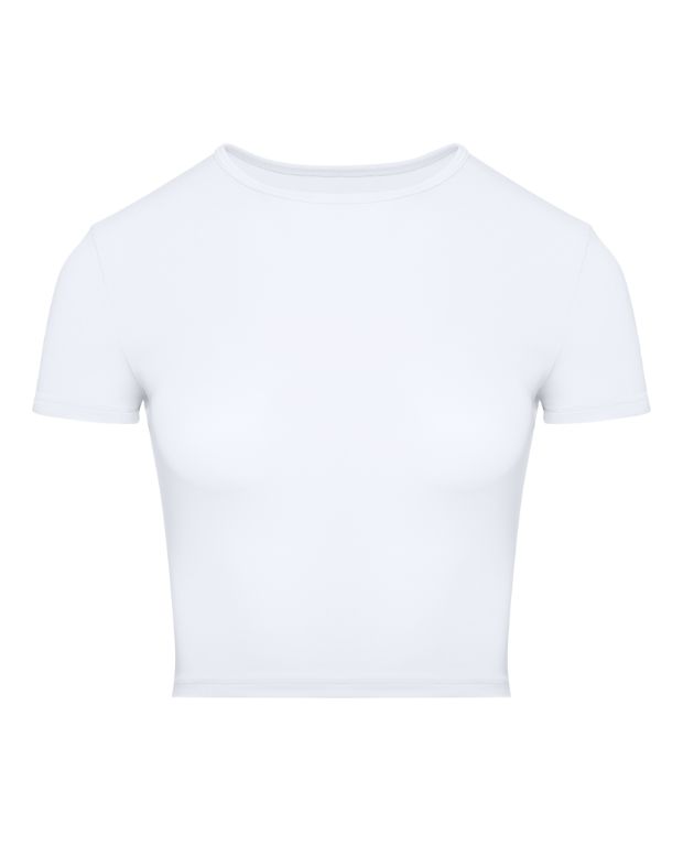 T-shirt wykonany z gładkiej tkaniny o skróconej długości, biały - Фото 6