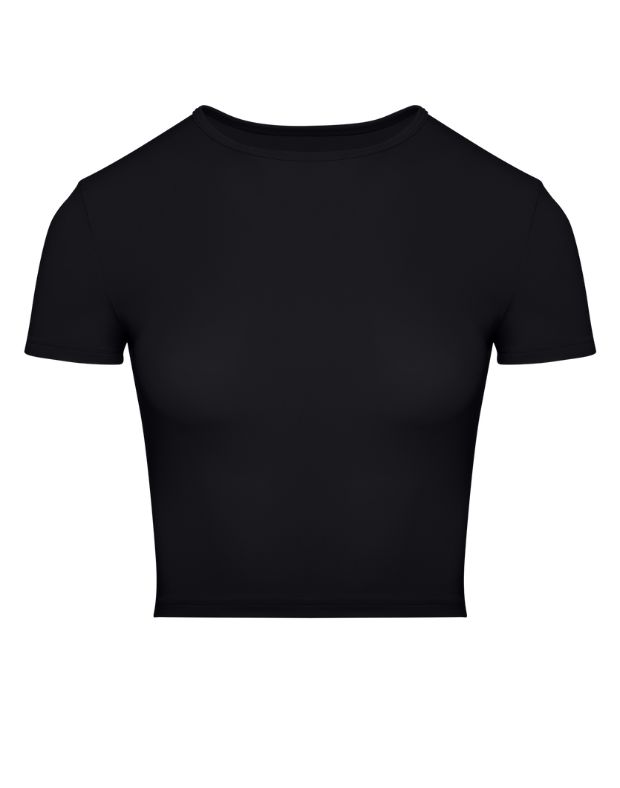 T-shirt wykonany z gładkiej tkaniny o skróconej długości, czarny - Фото 7