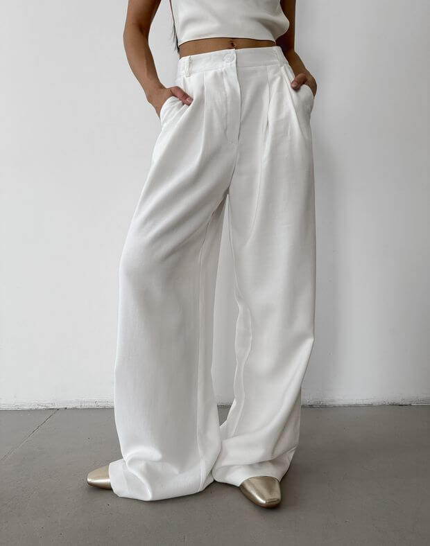 Spodnie basic oversize wykonane z lekkiej tkaniny, mleczarnia - Фото 1