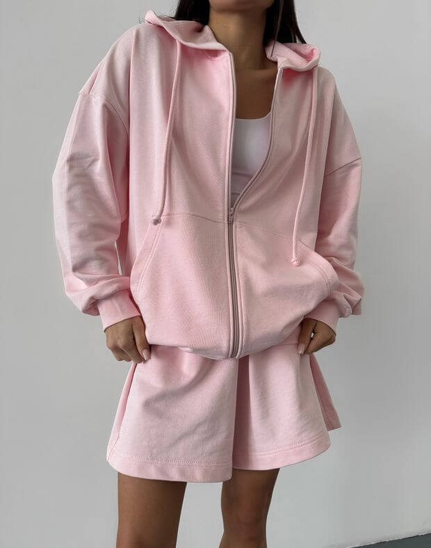 Комплект літній худі-зіпер та класичні шорти, світло-рожевий - Фото 1