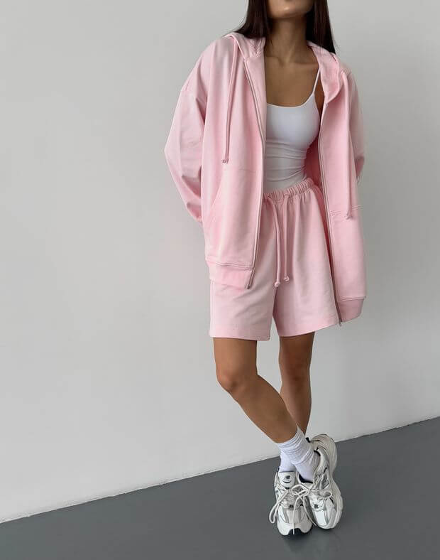 Комплект літній худі-зіпер та класичні шорти, світло-рожевий - Фото 7