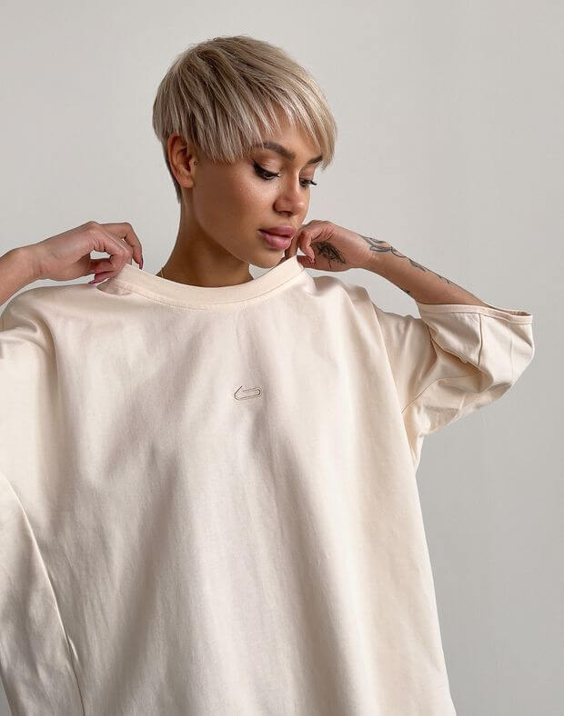 T-shirt oversize raglanowa z bardzo gęstej bawełny, ecru - Фото 5