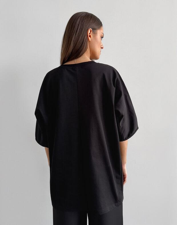 T-shirt oversize raglanowa z bardzo gęstej bawełny, czarny - Фото 2
