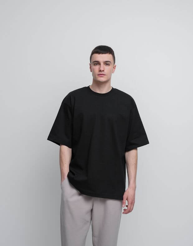 Męska koszulka oversize bez logo, wykonana z bardzo gęstej bawełny, czarny - Фото 6