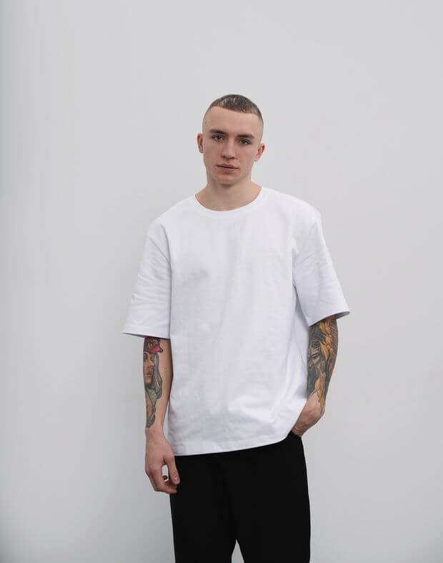 T-shirt męski o basicowym kroju oversize, z bardzo gęstej bawełny, biały - Фото 6