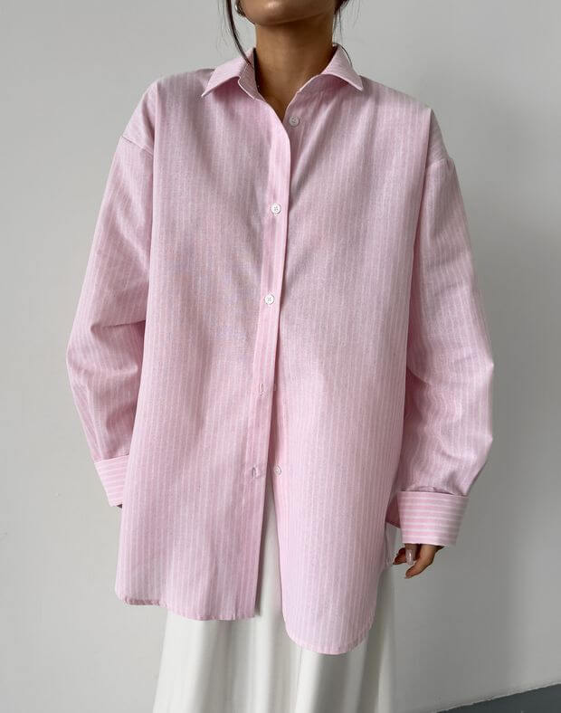 Сорочка в смужку оверсайз, біло-рожева - Фото 1