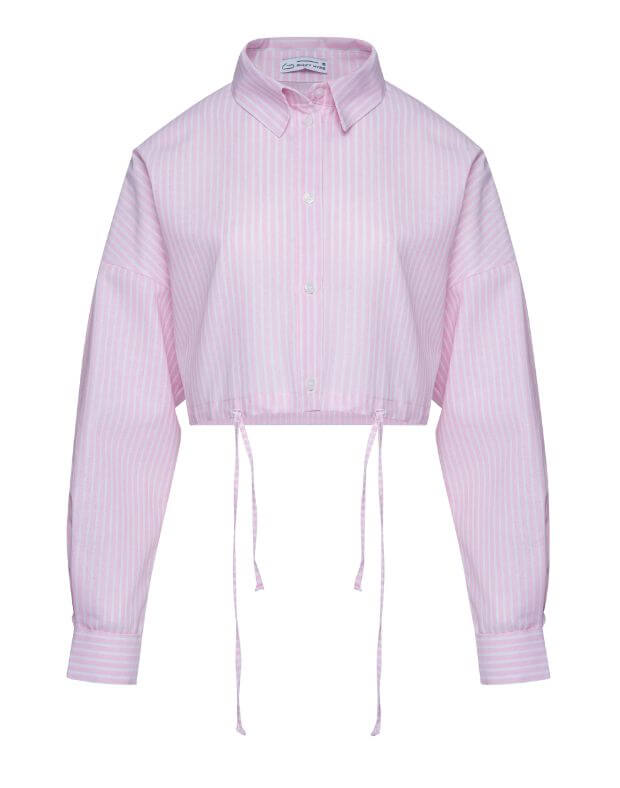 Сорочка в смужку вкорочена на затяжках, біло-рожева - Фото 6