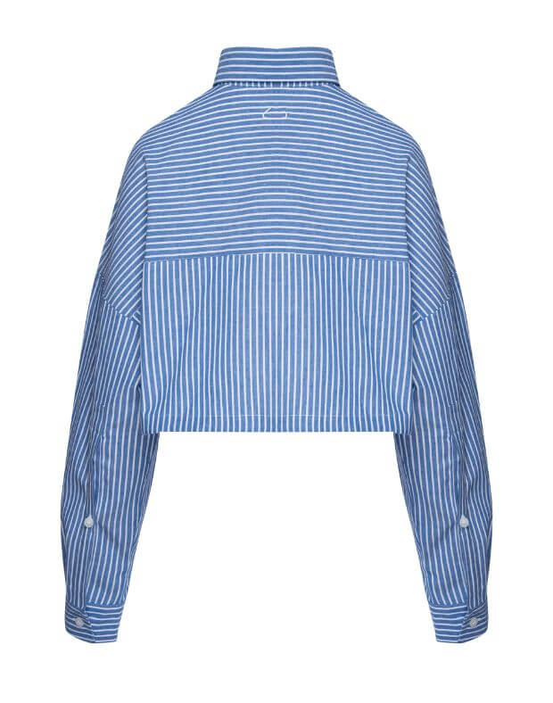 Сорочка в смужку вкорочена на затяжках, біло-синя - Фото 8