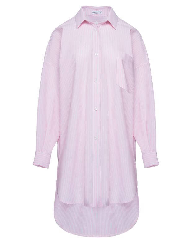 Сорочка в смужку оверсайз подовжена з розрізами, біло-рожева - Фото 6