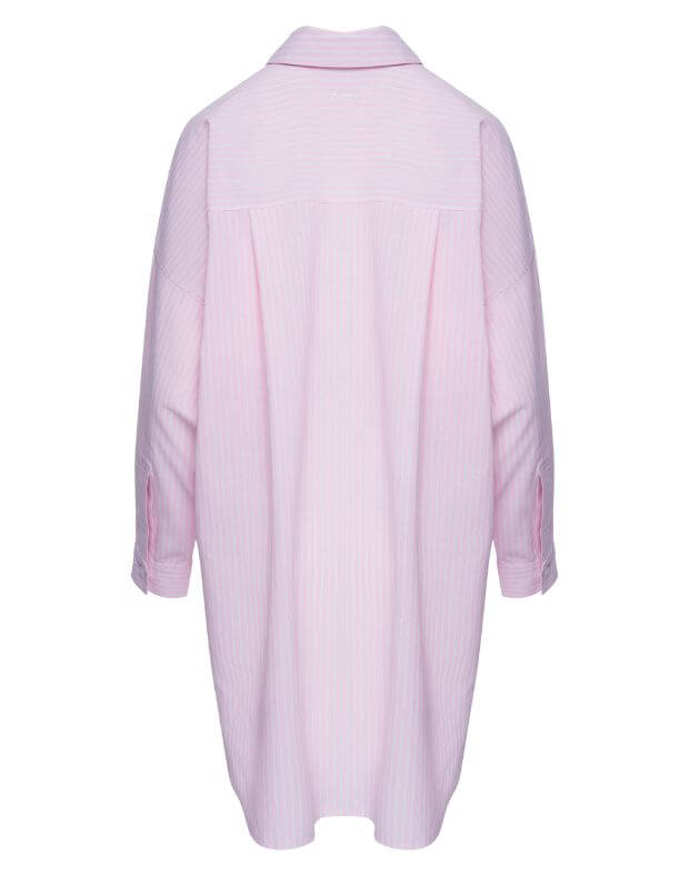Сорочка в смужку оверсайз подовжена з розрізами, біло-рожева - Фото 8