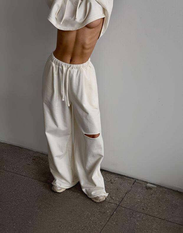 Комплект літній худі вкорочений оверсайз і штани прямі з розрізом, екрю - Фото 7