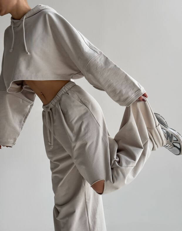 Комплект літній худі вкорочений оверсайз і штани прямі з розрізом, нейтральний беж - Фото 5