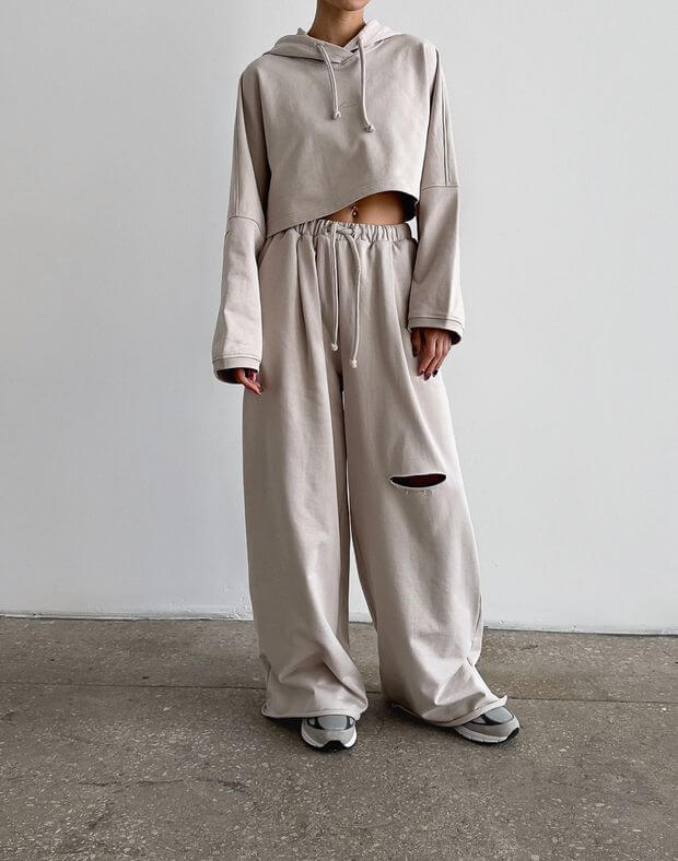 Комплект літній худі вкорочений оверсайз і штани прямі з розрізом, нейтральний беж - Фото 1