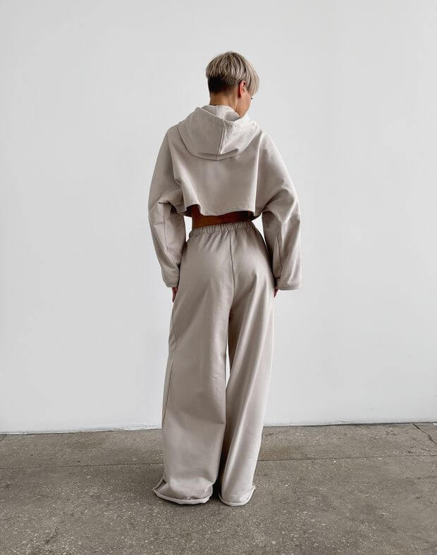 Комплект літній худі вкорочений оверсайз і штани прямі з розрізом, нейтральний беж - Фото 2