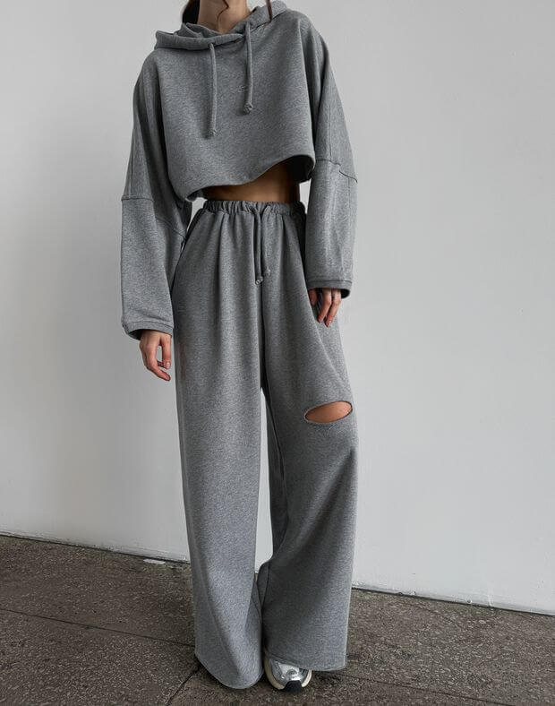 Комплект літній худі вкорочений оверсайз і штани прямі з розрізом, сірий меланж - Фото 1