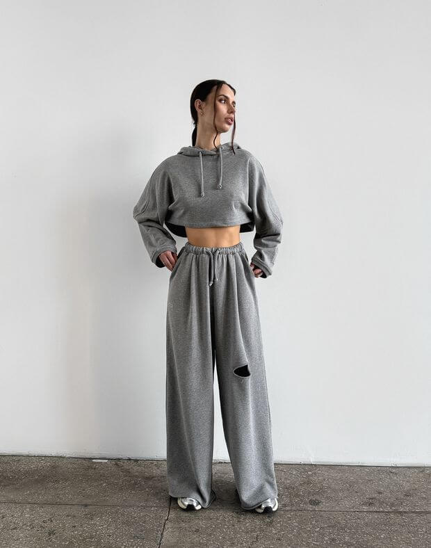Комплект літній худі вкорочений оверсайз і штани прямі з розрізом, сірий меланж - Фото 8